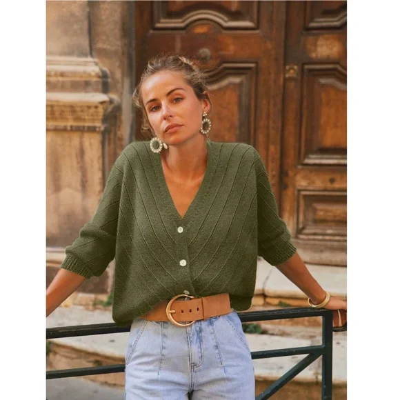 V-Cut Buttoned Down Green Knit Cardigan Textured, Long Sleeve - Picture 5 of 7